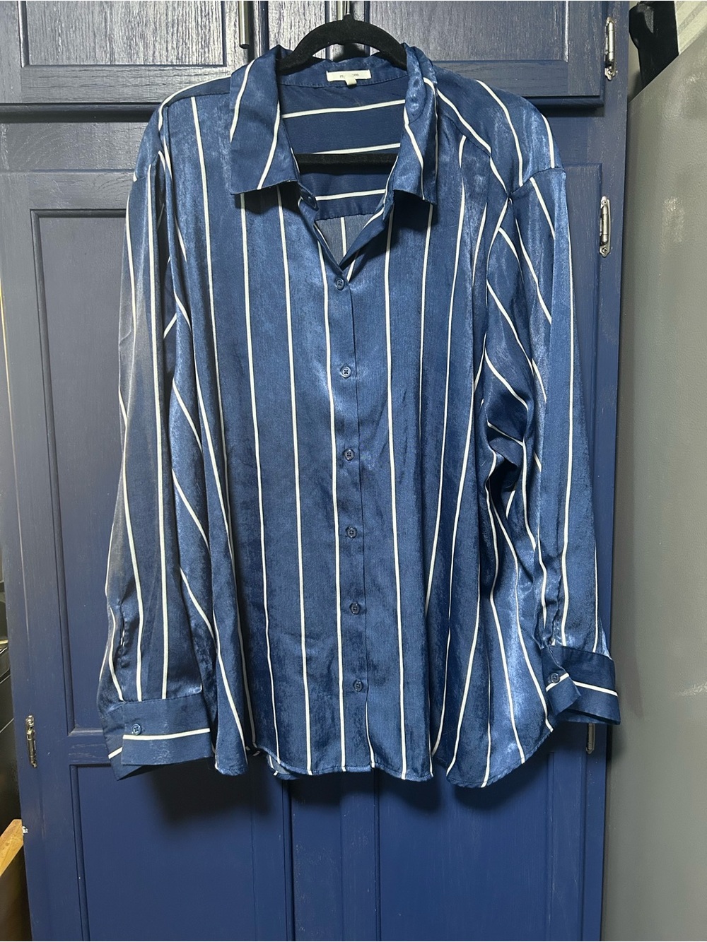 Women’s Navy Blue Vertical Stripe Button-Up Shirt